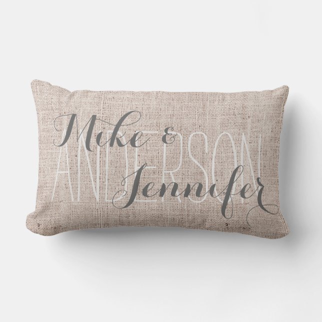 Burlap-like Personalize Wedding Names Date Gift Lumbar Pillow (Front)