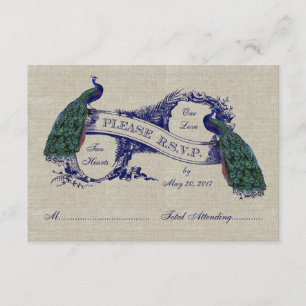Burlap Linen Peacocks Mariage rustique CARTE RSVP