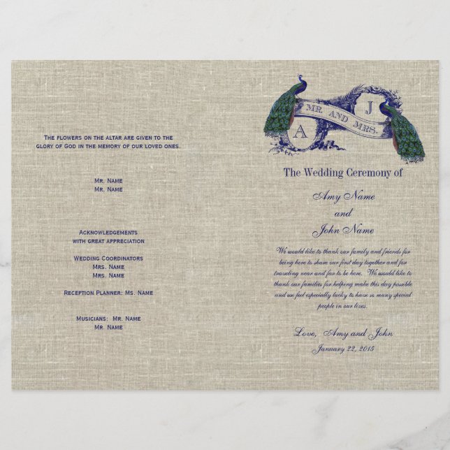 Burlap Linen Peacocks Programme de mariage rustiqu (Devant)
