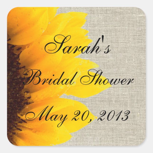 Burlap Linen Sunflower Photo Bridal Shower Square Sticker (Front)