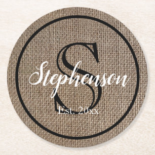 Burlap Look Monogram Round Paper Coaster