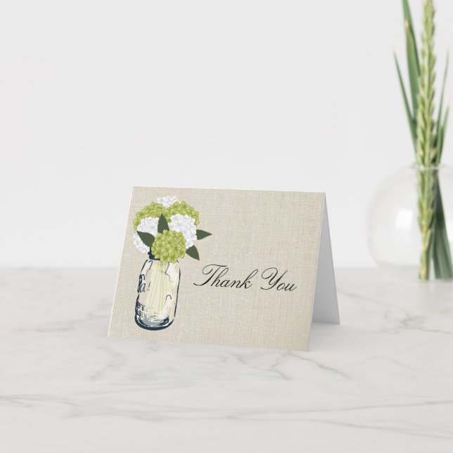 Burlap Mason Jar and Hydrangeas Thank You Card (Front)