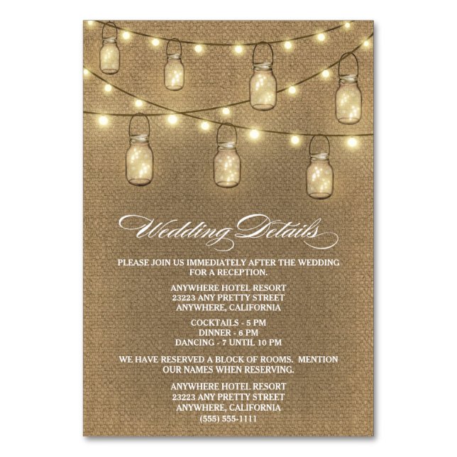 Burlap Mason Jar Wedding Reception + Hotel Cards (Front)