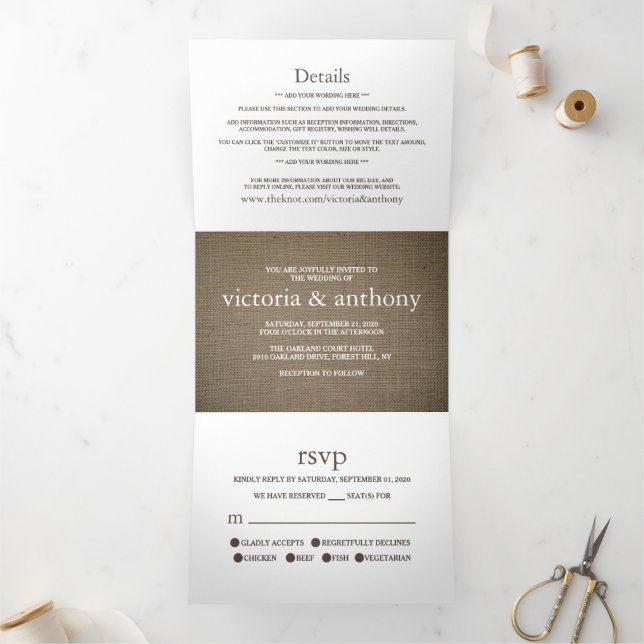 Burlap Mason Jar Wedding Suite Tri-Fold Invitation (Inside)