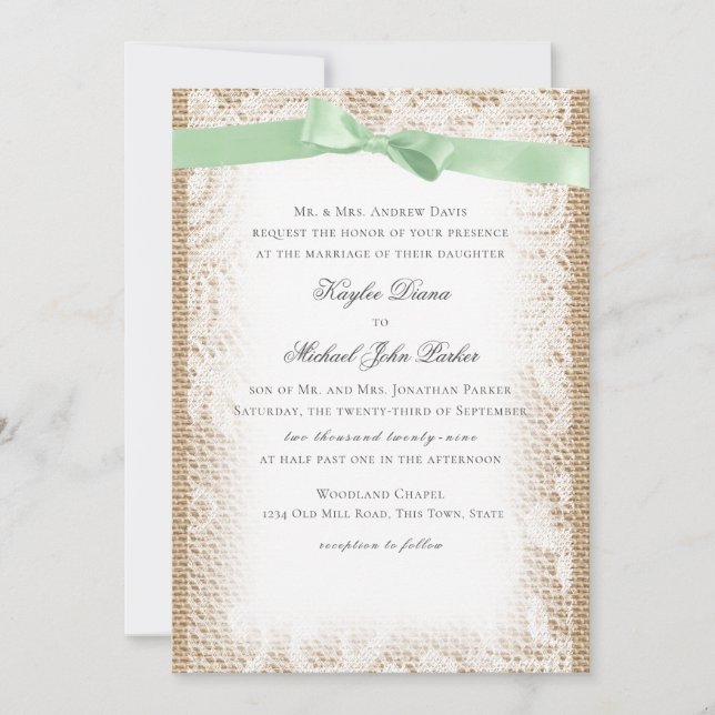 Burlap Mint Green Bow and White Lace Invitation (Front)