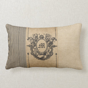 Burlap Monogram Vintage Style Lumbar Pillow