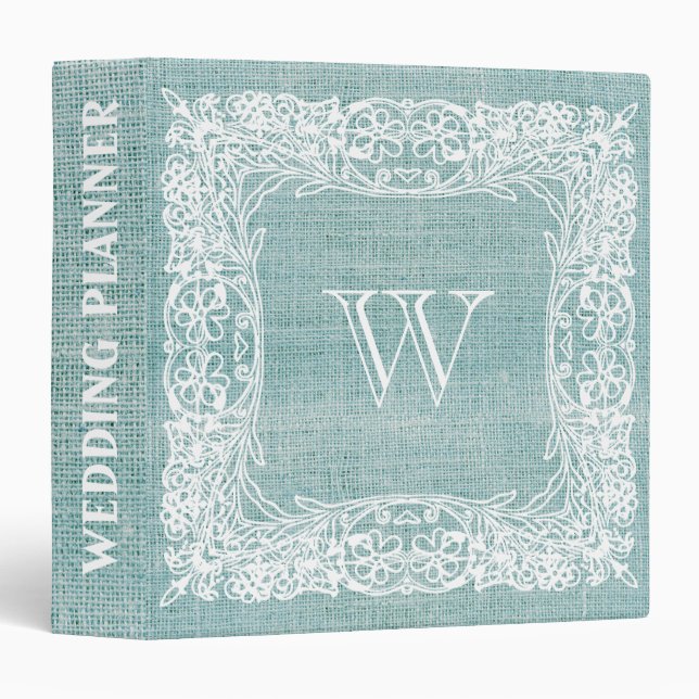 Burlap Monogram Wedding Floral Teal lace Binder (Front/Spine)