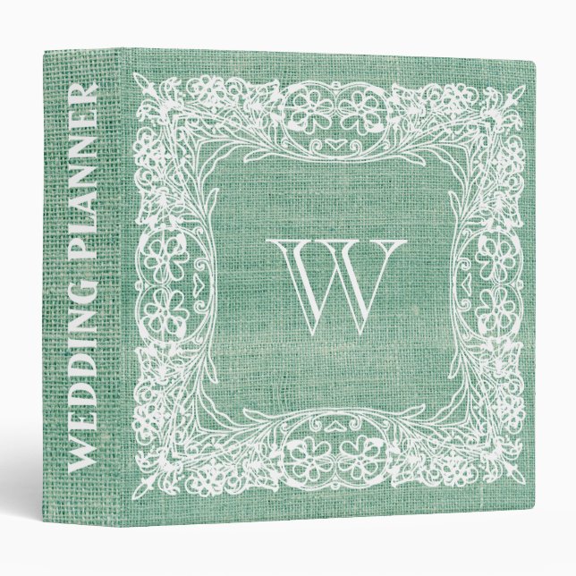Burlap Monogram Wedding Green Ornamental lace Binder (Front/Spine)