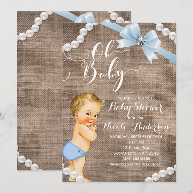 Burlap & Pearls Blue Bow Blonde Baby Boy Shower Invitation (Front/Back)