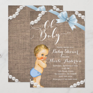Burlap & Pearls Blue Bow Blonde Baby Boy Shower Invitation