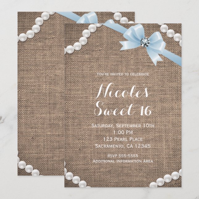 Burlap & Pearls Blue Bow Glamour Sweet 16 Party Invitation (Front/Back)