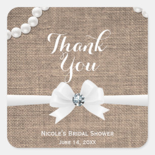 Burlap & Pearls Rustic Glamour Bridal Shower Favou Square Sticker