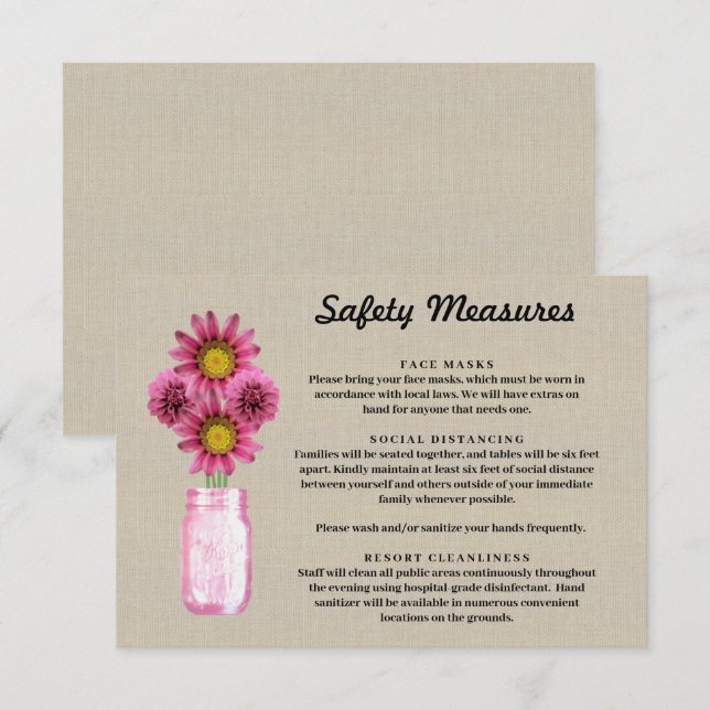 Burlap Pink Floral Mason Jar Safety Measures Enclosure Card (Front/Back)