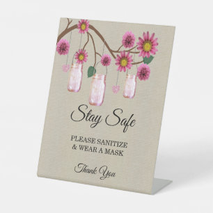 Burlap Pink Floral Mason Jar Wedding Safety  Pedestal Sign