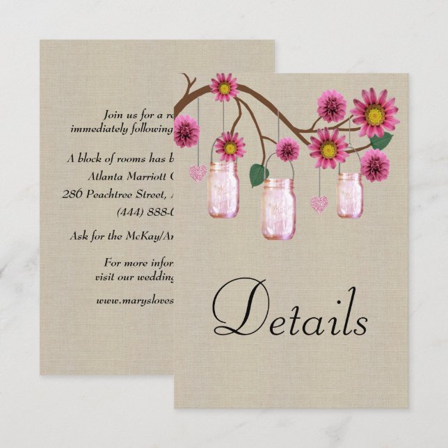 Burlap Pink Floral Mason Jars Wedding Details Enclosure Card (Front/Back)
