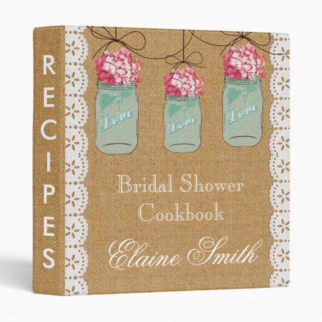 Burlap pink hydrangeas Mason Jar Recipe Folder Binder (Front/Spine)