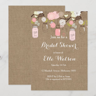 Burlap Pink Mason Jars Bridal Shower Invitation