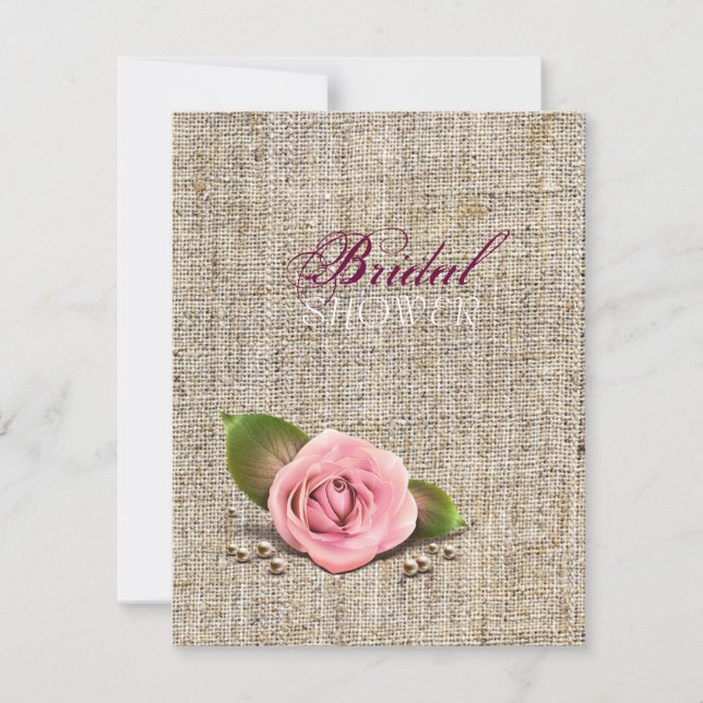 burlap pink rose rustic country spring wedding invitation (Front)