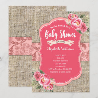 Burlap Pink Watercolor Flowers Girl Baby Shower Invitation