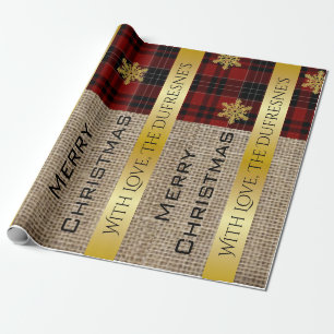 Burlap, Plaid & Gold Personalized Wrapping Paper