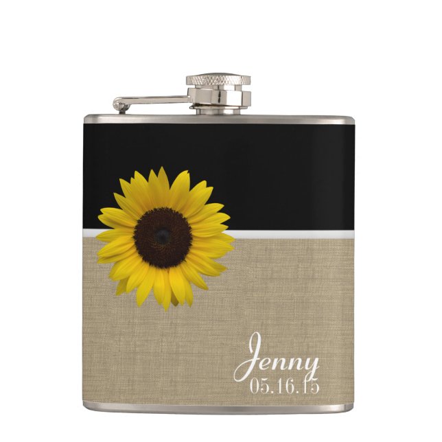 Burlap Print and Sunflower Hip Flask (Front)