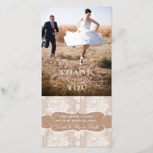 Burlap Print Lace Wedding Thank You Photo Cards