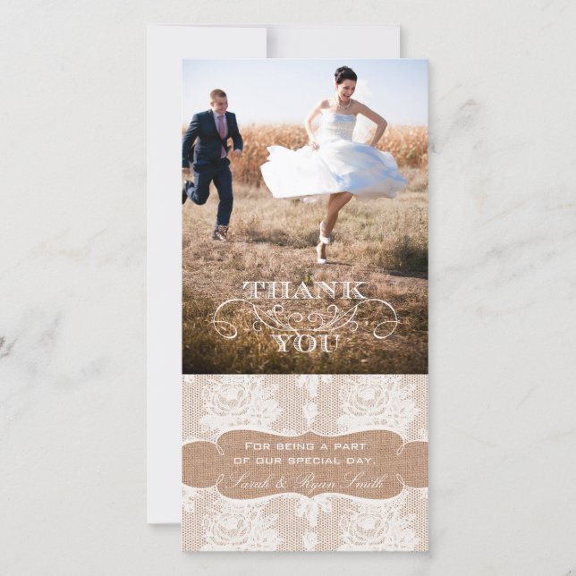 Burlap Print Lace Wedding Thank You Photo Cards (Front)