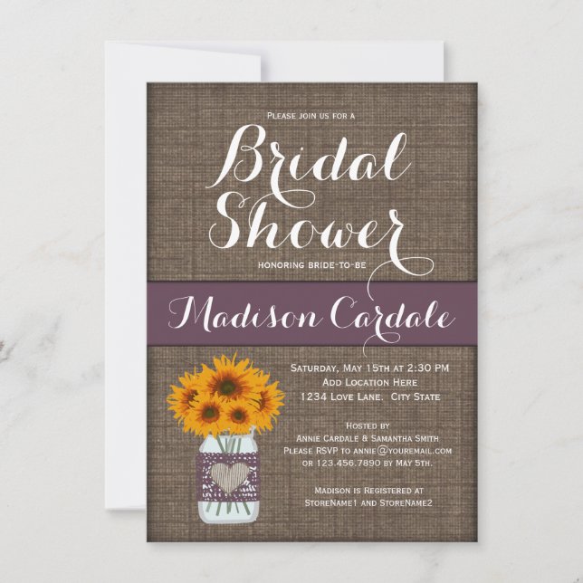 Burlap Print Mason Jar Bridal Shower Invitations (Front)