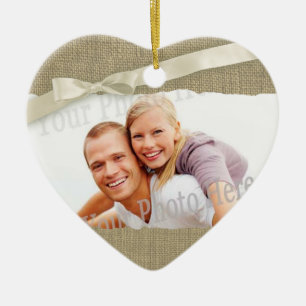 Burlap Print Photo frame with Bow Ceramic Ornament