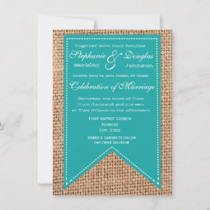 Burlap Print Turquoise Rustic Wedding Invitations