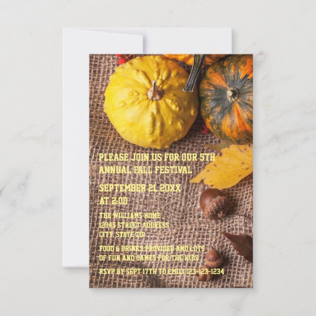 Burlap & Pumpkins - 3x5 Fall Party Invitation (Front)