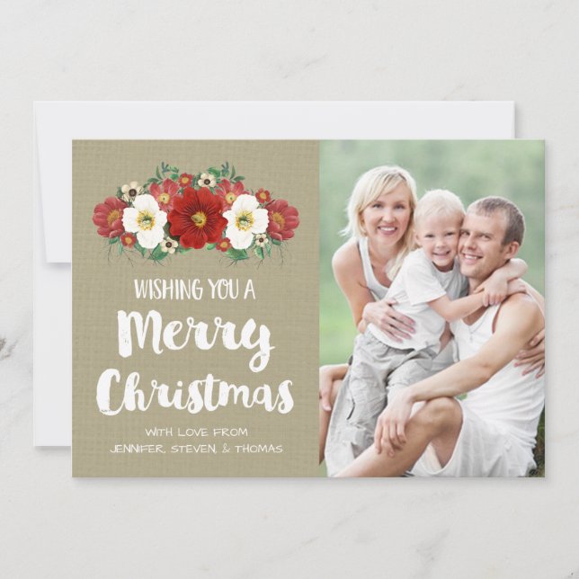Burlap Red Floral Merry Christmas Photo Card (Front)