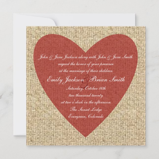 Burlap red heart rustic wedding invitations (Front)