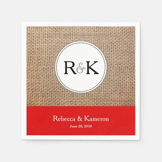 Burlap & Red Monogrammed Wedding Napkin (Front)