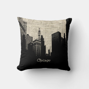 Burlap Retro Chicago Throw Pillow