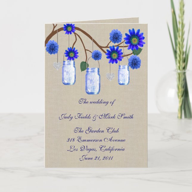 Burlap Rustic Blue Mason Jars Program Card (Front)