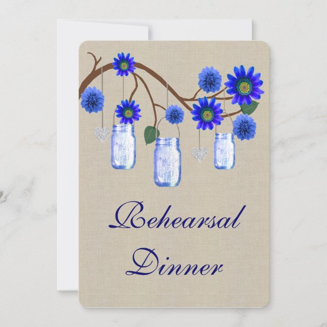 Burlap Rustic Blue Mason Jars Rehearsal Dinner Invitation (Front)