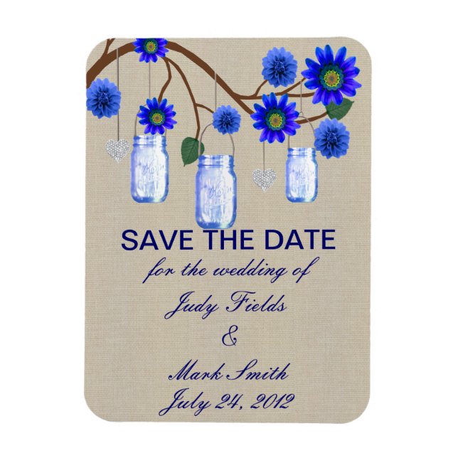Burlap Rustic Blue Mason Jars Save The Date Magnet (Vertical)