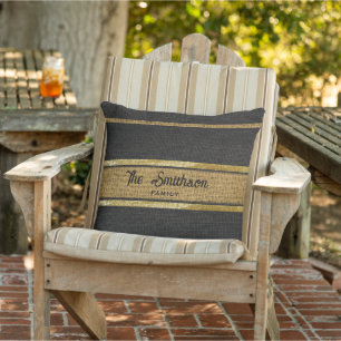  Burlap Rustic Brown Black Gold Custom Family Name Outdoor Pillow
