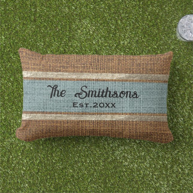  Burlap Rustic Brown Sage Green Custom Family Name Lumbar Pillow (Grass)