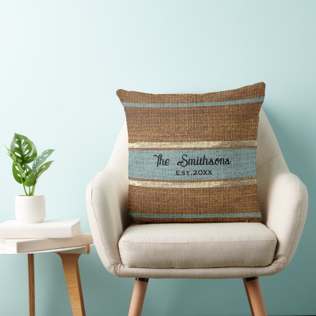  Burlap Rustic Brown Sage Green Custom Family Name Throw Pillow (Chair)