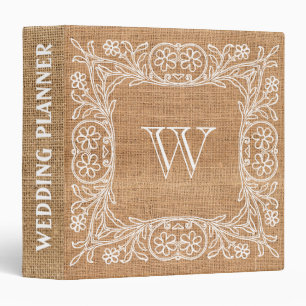 Burlap Rustic Faux Monogram Wedding lace Binder