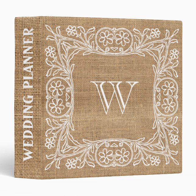 Burlap Rustic Faux Monogram Wedding lace Binder (Front/Spine)