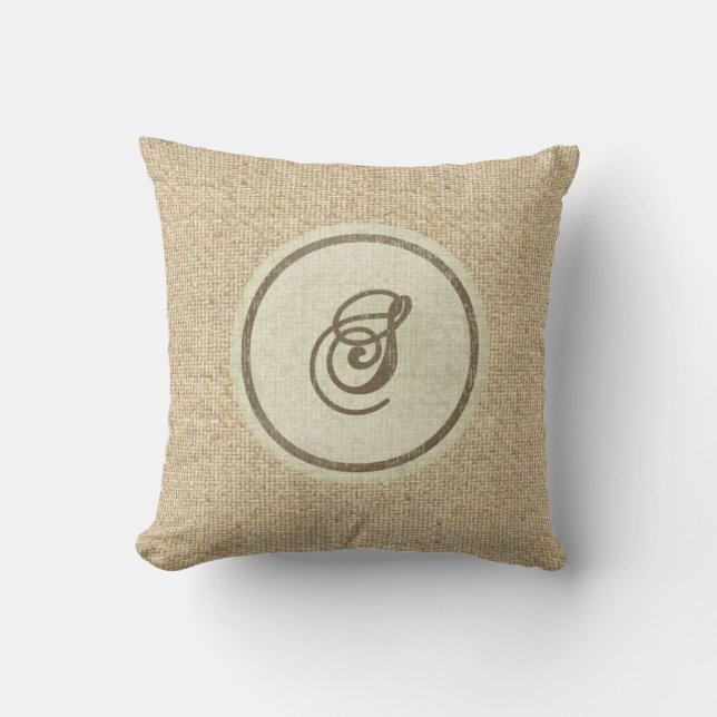 Burlap rustic letter S decorative pillow (Front)