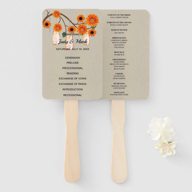 Burlap Rustic Orange Floral Mason Jars Wedding Hand Fan (Front and Back)