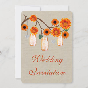 Burlap Rustic Orange Mason Jars Wedding Invitation