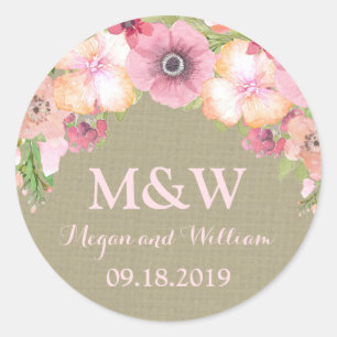 Burlap Rustic Pink Floral Monogram Wedding Tag