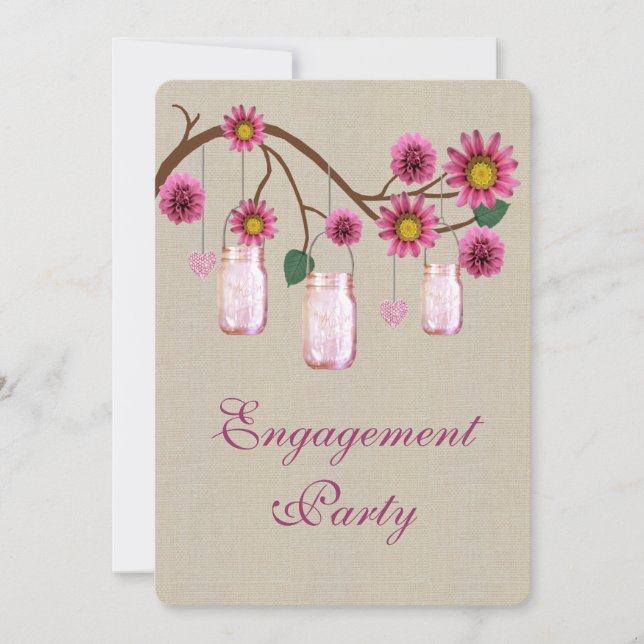 Burlap Rustic Pink Mason Jars Engagement Party Invitation (Front)