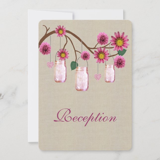 Burlap Rustic Pink Mason Jars Reception Card (Front)