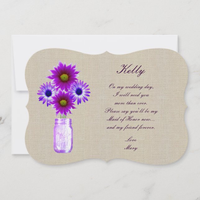 Burlap Rustic Purple Mason Jar Maid Of Honour Card (Front)